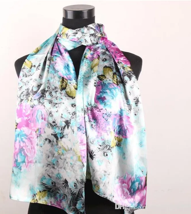 Fuchsia Pony Grey Silver Yellow Scarf Peacock Feathers Women's Fashion Satin Oil Painting Long Wrap Shawl Beach Silk 1602714