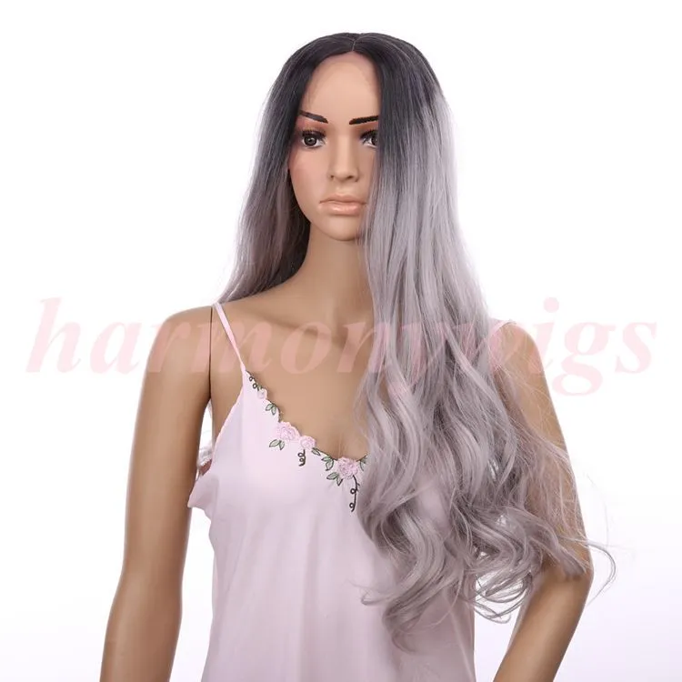 Synthetic Lace Front Wig Big wave Curly 18inch Ombre Tone Color Black&Grey Heat Resistant Hair Wigs