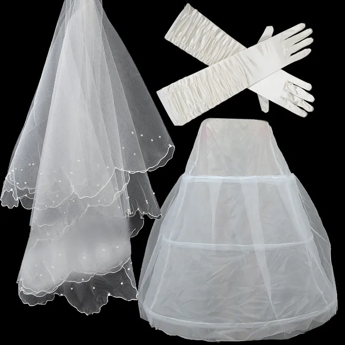 Hochzeit Petticoat Handschuhe Schleier Set billig Auf Lager Weiß Bridal Zubehör für Ballkleid Brautkleid Elbow Länge Braut Handschuh Crystal Veil