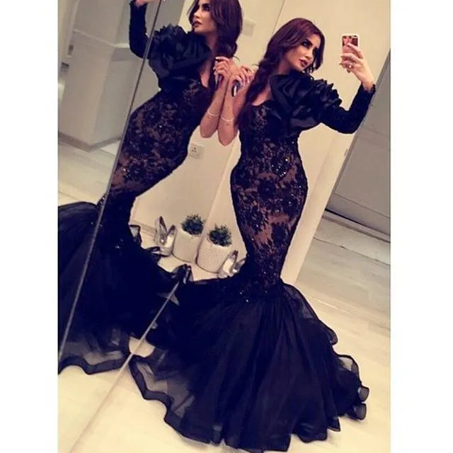 Black Lace Vestidos de noite Sereia com Ruffled Skirt Saudita frisada Vestidos com Sheer Uma manga comprida 2016