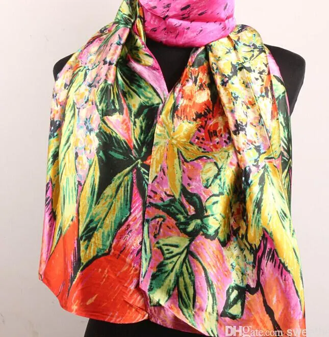 1 pièces Fuchsia Orange lys fleur et feuilles vertes foulards femmes mode Satin peinture à l'huile longue enveloppement châle plage foulard en soie 322x