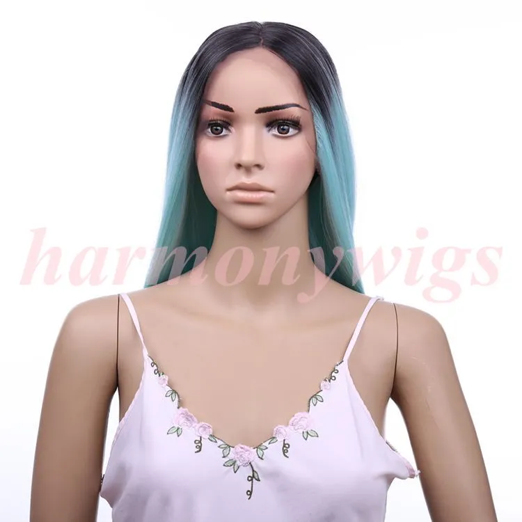 Hair wigs Lace Front Wigs ombre chocolate Black& Mint Green 20inch Straight long hair for women