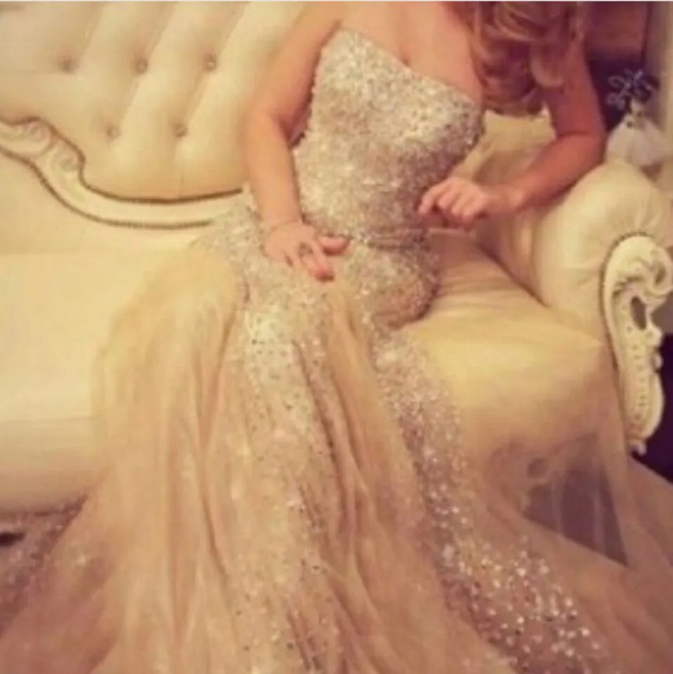 Champagne Prom Dresses 2016 Sexy Mermaid Strapless Blingbling Beaded and Sequined Tulle Evening Dresses robe de soiree