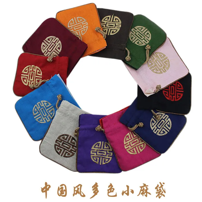  Chinese style Linen Drawstring Small Jewelry Gift Pouches with Lined Decorative Packaging Bags mix color