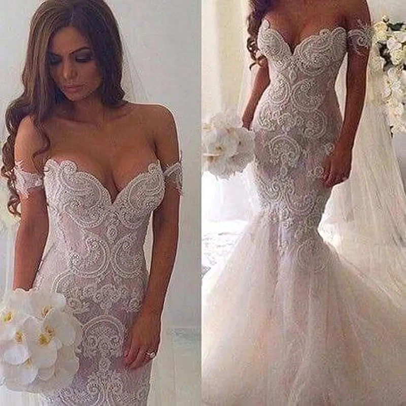  2016 Spring Lace Mermaid Wedding Dresses Dubai Arabic Off-shoulder Sweetheart Full length Backless Court Train Wedding Gown Plus Size BO9176