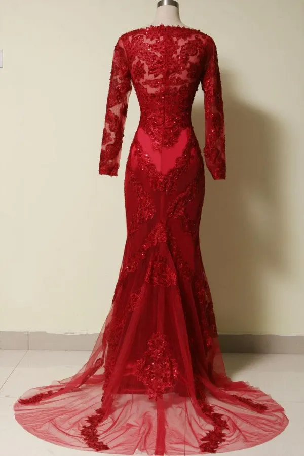 Hochwertige Real Photo Kleider Red Mermaid Abendkleider Illusion Neck Long Sleeves Perlenstickerei Pageant Formal Party Plus Size