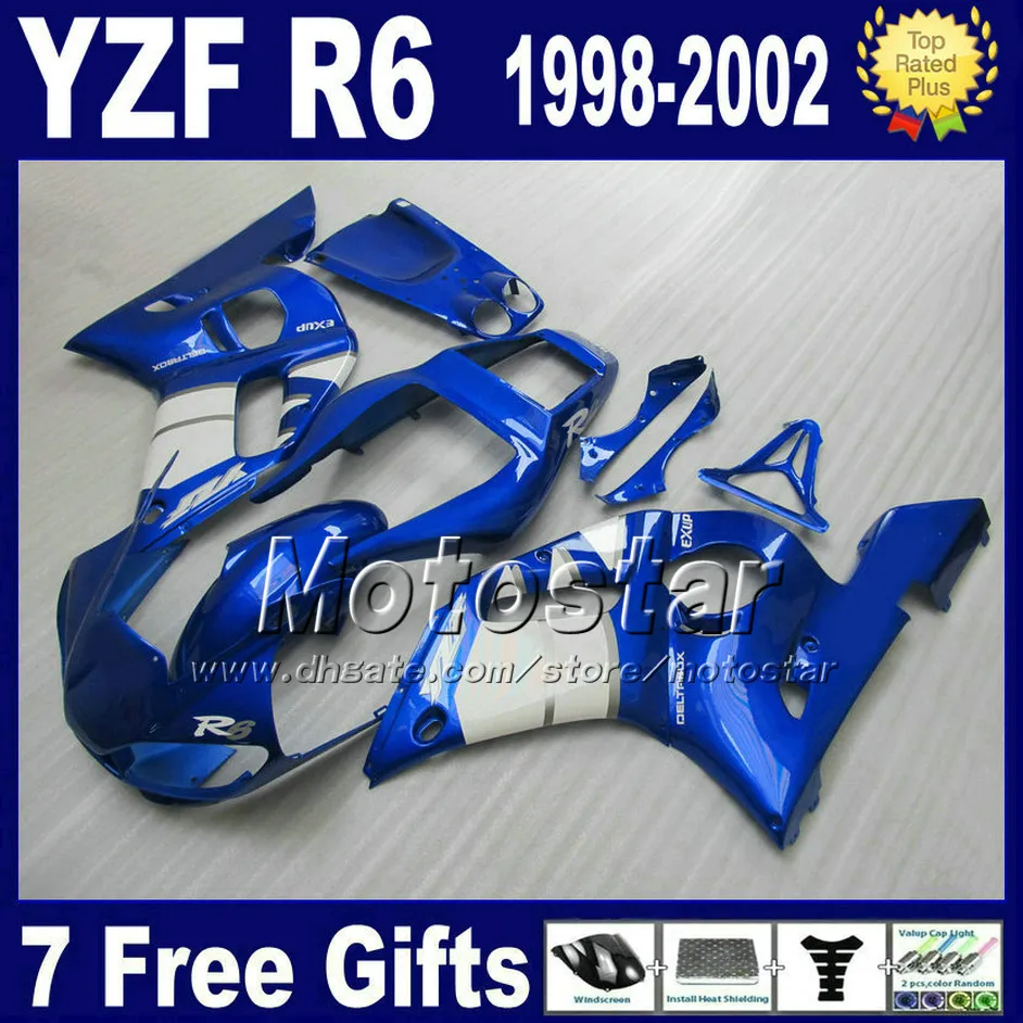 Ücretsiz Kargo Fairings YAMAHA YZF-R6 için Set 1998-2002 YZF 600 YZFR6 98 99 00 01 02 Mavi Beyaz Fazla Vücut Kitleri VB95