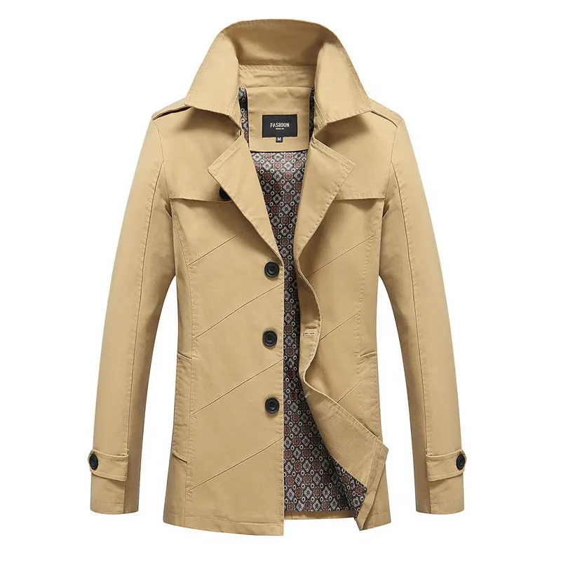 Male Pure Color Pure Cotton Long Jackets Fashion Men`s Upscale Winter Slim Fit Casual Trench Coat