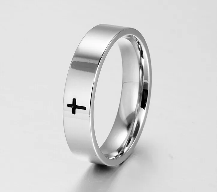 Gravação de anéis cruzados simples de prata de 6 mm em joias religiosas de aço inoxidável 184S