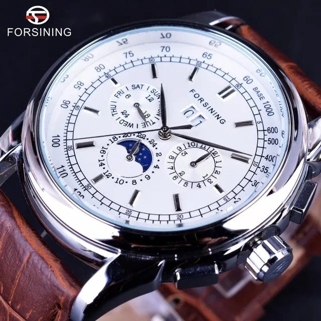 Forsining Moon Phase Shanghai Movement Rose Gold Case Brown Genuine Leather Strap Mens Watches Top Brand Luxury Auotmatic Watch Wa245R