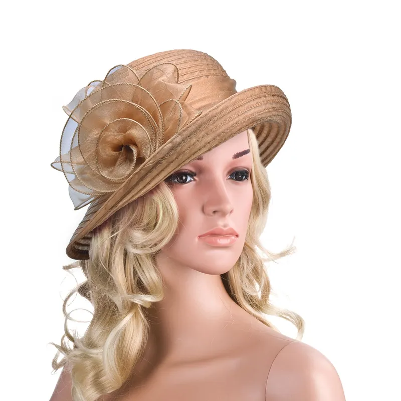 Cappello da sole a bombetta a cupola in organza con fiore estivo da donna tinta unita Sunbonnet Kentucky Derby Tea Party A267267S