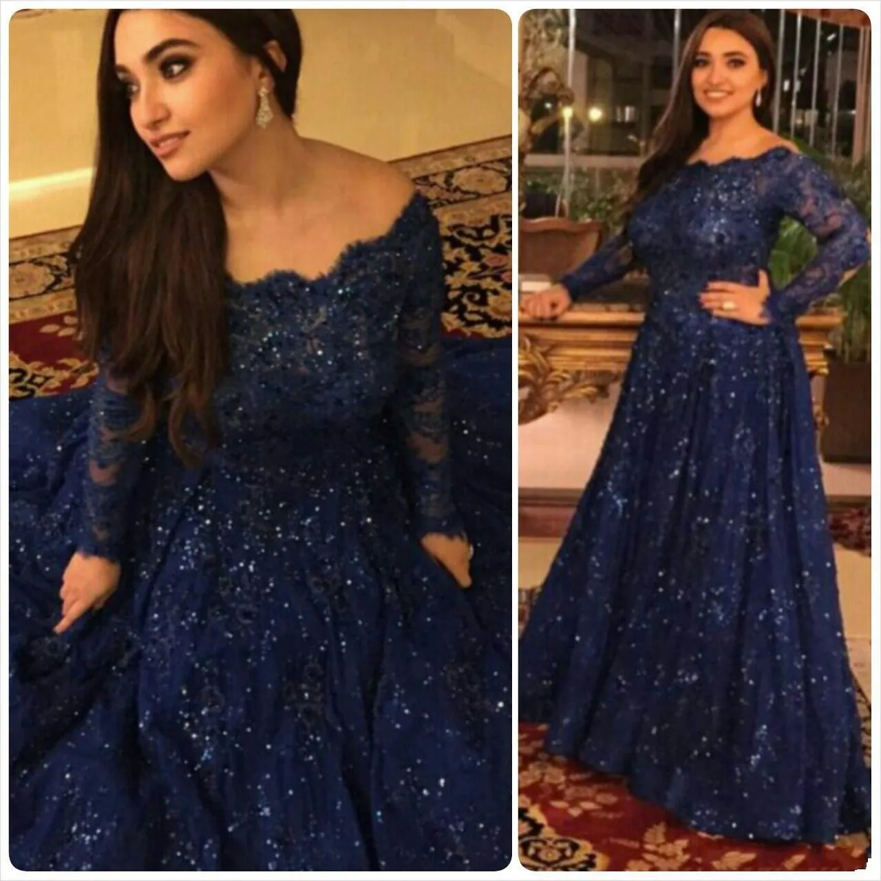 2018 Sparkly Evening Dresses Bling Scoop Neck Long Sleeve Beaded Full Lace Sweep Train Arabic Navy Blue Plus Size Party Formal Prom Gowns