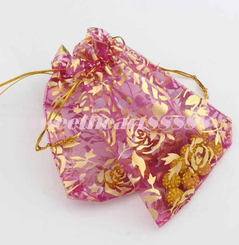9x12 cm Gold Rose Design Organza Schmuck Beutel Taschen Süßigkeiten Tasche GB038 Heißer Verkauf