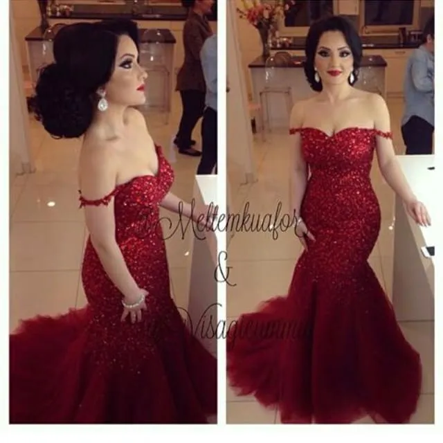 2018 Hot Dark Red Mermaid Evening Dresses Off The Shoulder Sexy Lace Beaded Crystal Pageant Prom Gowns Vestidos De Noiva Tulle Arabic Dress