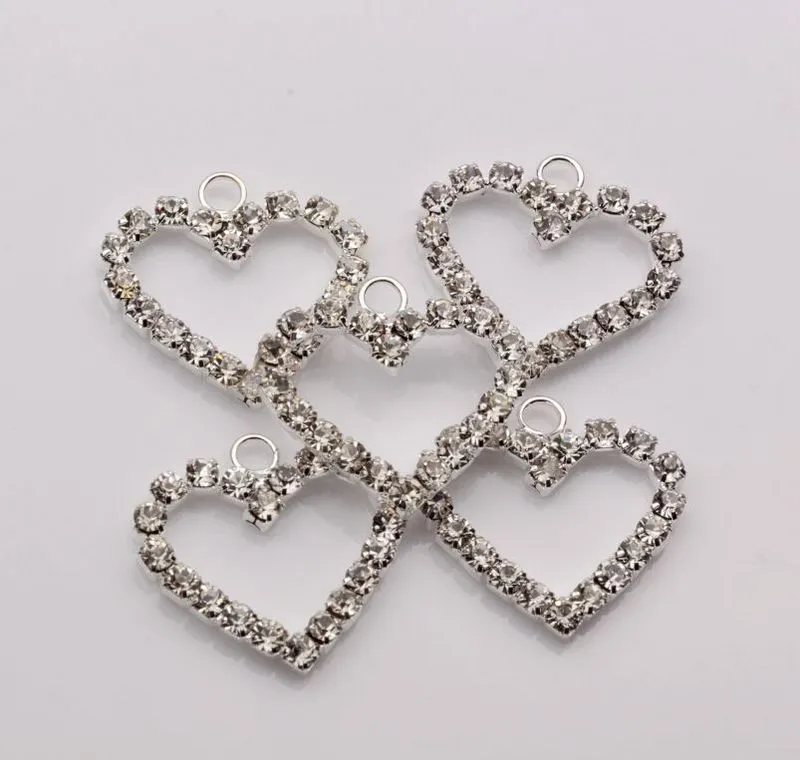 Silver Plate Clear Rhinestone Heart Shaped Charm Pendants For Jewelry Making Bracelet Necklace Findings 0023072777