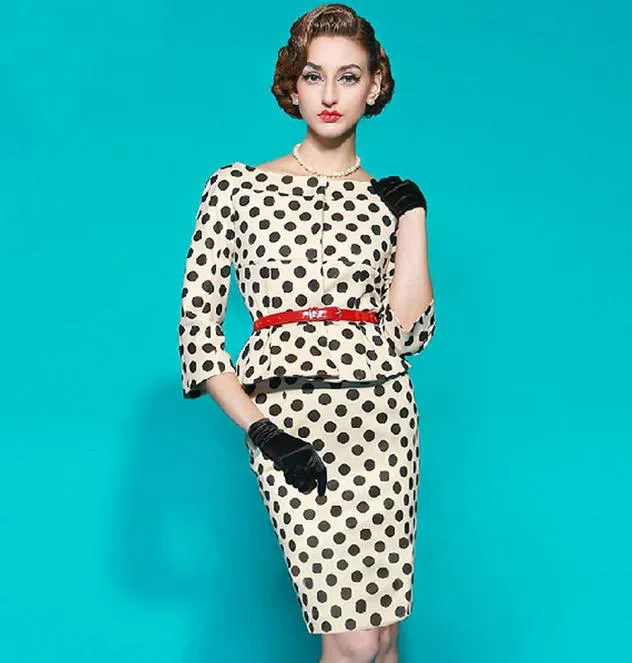 Elegant Retro Mid Sleeve White Black Polka Dots Professional Dress Office Lady Work Dresses Pencil Dress Party Dresses Size S to XXL