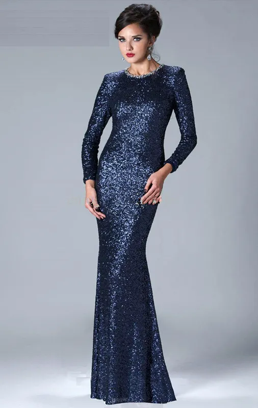 Navy Blue Long Sleeves Sequined Mermaid Long Evening Dresses Crystals Beaded Floor Length Party Prom Mother Dresses