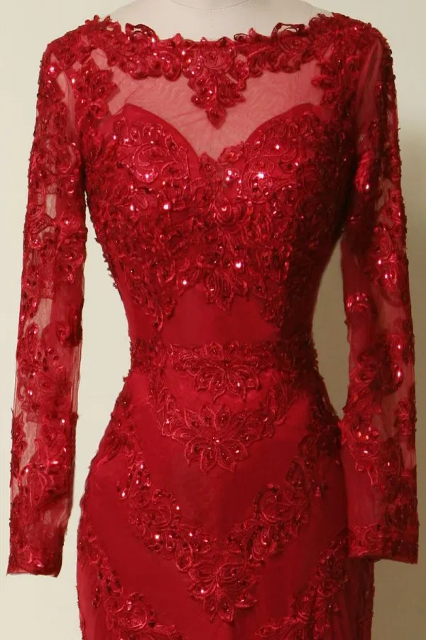 Alta calidad vestidos de foto real sirena roja vestidos de noche ilusión cuello mangas largas con cuentas bordado desfile fiesta formal más el tamaño
