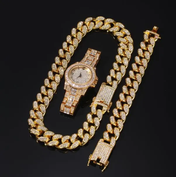 Chaînes / Set Hommes Hip Hop Glacé Bling Chaîne Collier Bracelets Montre 20mm Largeur Cubain Colliers Hiphop Charme Bijoux Cadeaux1283y