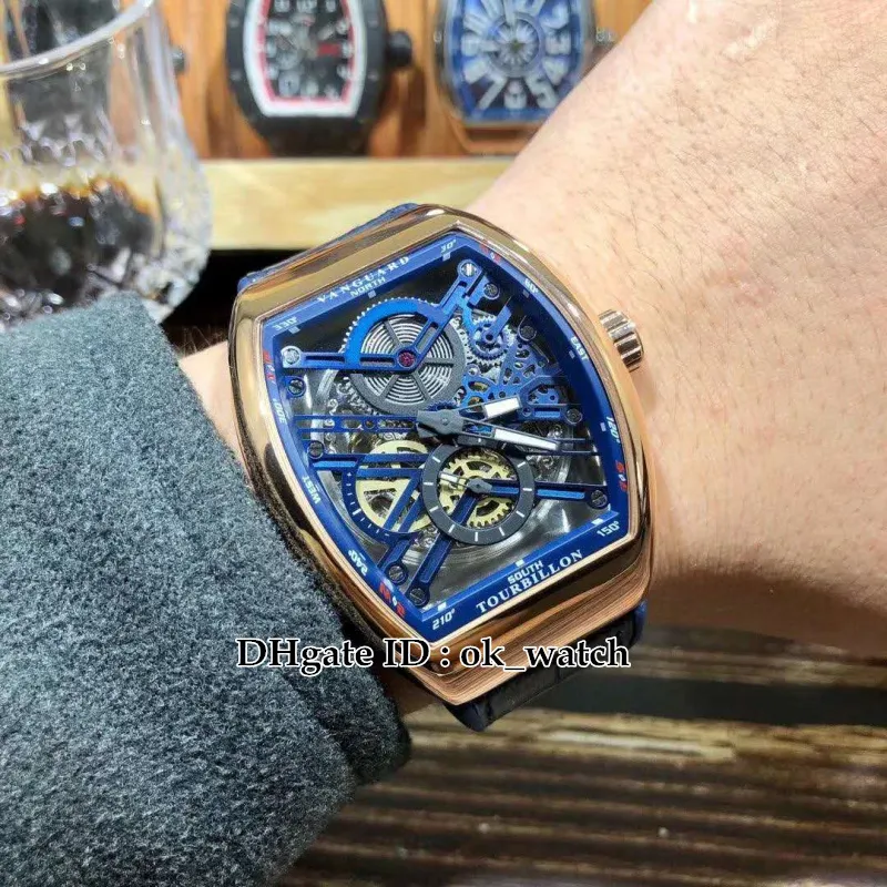 New Vanguard V 45 S6 SQT ROSE GOLD CASE AUTOMATIC MENS WATCH SKELETON BLACK DIAL STAP高品質のツアービヨンGentsスポーツ223F