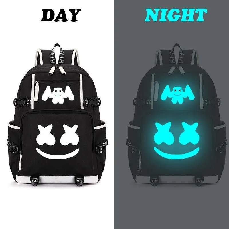 Marshmello Luminous USB Laptop ryggsäckar American Mystery DJ Student School Bag For Teenagers Men Women Girls Boys Book Bags New236Q