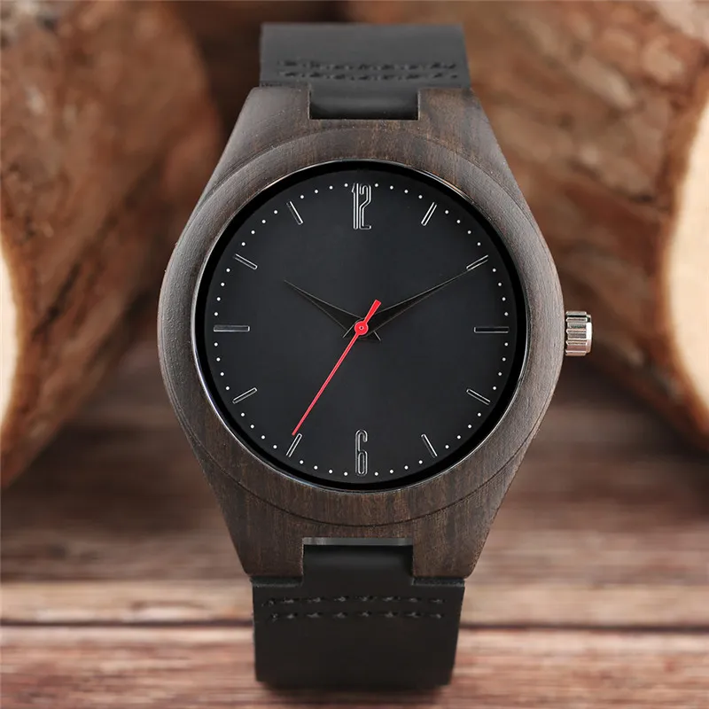 Casual Men Watches Black Natural Wood Watch Male Analog Quartz Clock Bamboo Wristwatch med läderarmband Band Rem Gift Reloj291T