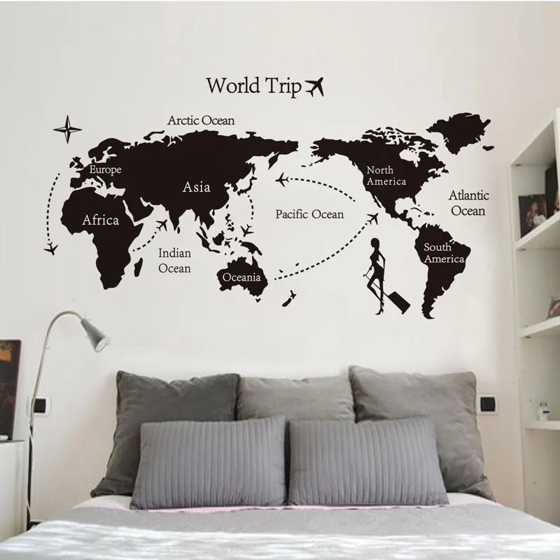 Mapa de viagem mundial preto, adesivos de parede de vinil para quarto de crianças, decoração de casa, escritório, arte, decalques, papel de parede 3d, sala de estar, quarto, decoração317j