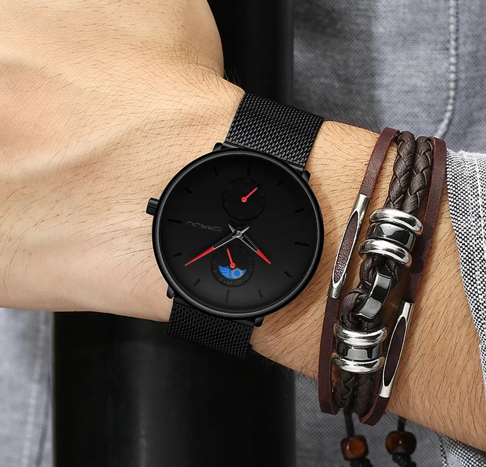 erkek kol saati CRRJU Relojes casuales de negocios para hombre a la moda 24 horas Reloj de cuarzo de diseño único Reloj de pulsera deportivo resistente al agua de malla 2480