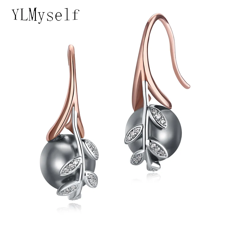 Fashion-Drop rose gold plate pave grey pearl & cubic zircon crystal Whole cheap jewelry Dangling earrings for wom1731
