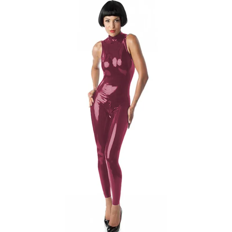 Högkvalitativ glänsande danskattdräkt blixtlås tillbaka pvc jumpsuit kvinnor ärmlös hög hals bodysuit halloween catwoman cosplay costume3083