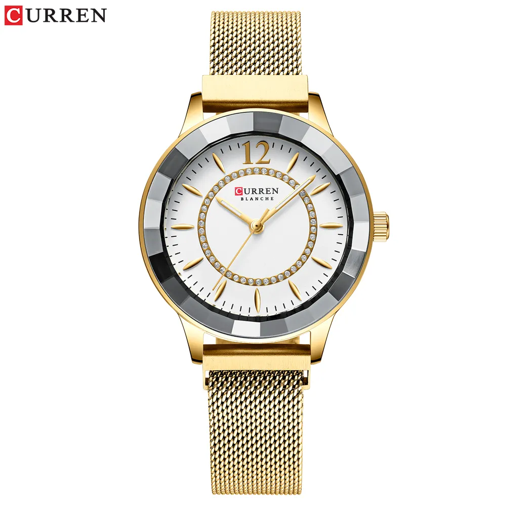 Curren New Rhinestone Fashion Quartz Mesh Steel Watch for Woman docalal Blue Ladies Watch bayan kol saati crassy luxuryclock295m