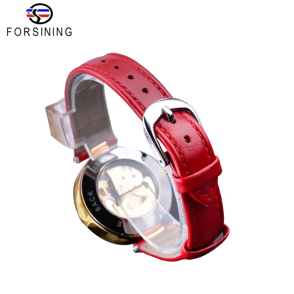 Forsining Fashion Golden Skeleton Diamond Design Rosso cinturino in vera pelle luminoso Lady orologi meccanici Top Brand Luxury233A