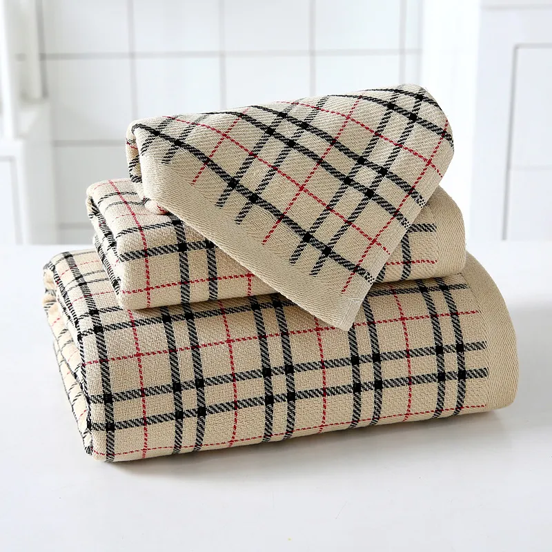 Simple Lattice Soft Absorbent Thick Cotton Towel Bath Towel Set of Three292L