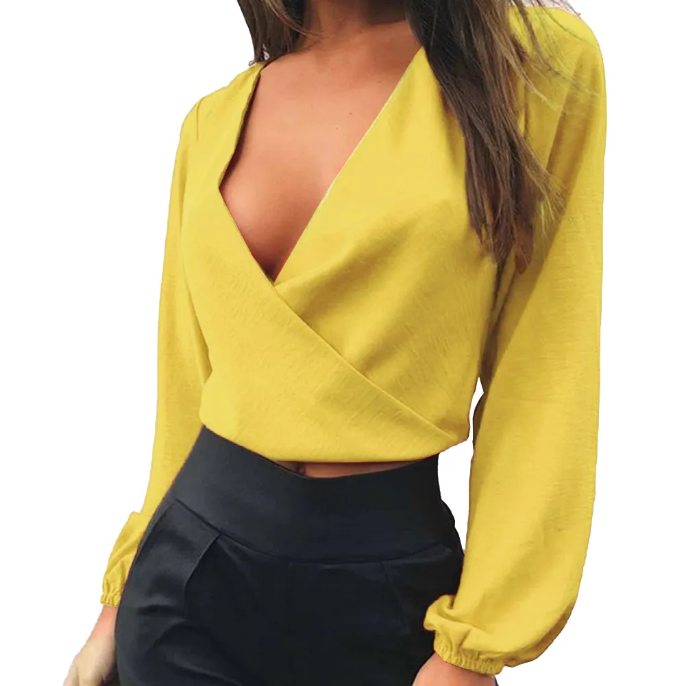 Anself Blusas Mujer De Moda 2019 moda damska bluzka z wiązaniem z tyłu głębokie V Neck bluzki z długim rękawem seksowna koszula z wycięciem krótki top żółty Y190510