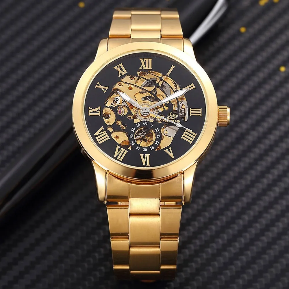 Shenhua Golden Skeleton Automatic Automatic Mechanical Watch Men Fashion Waterproof Clock Clock Watch Watch Men Men Hotes Y19062245E
