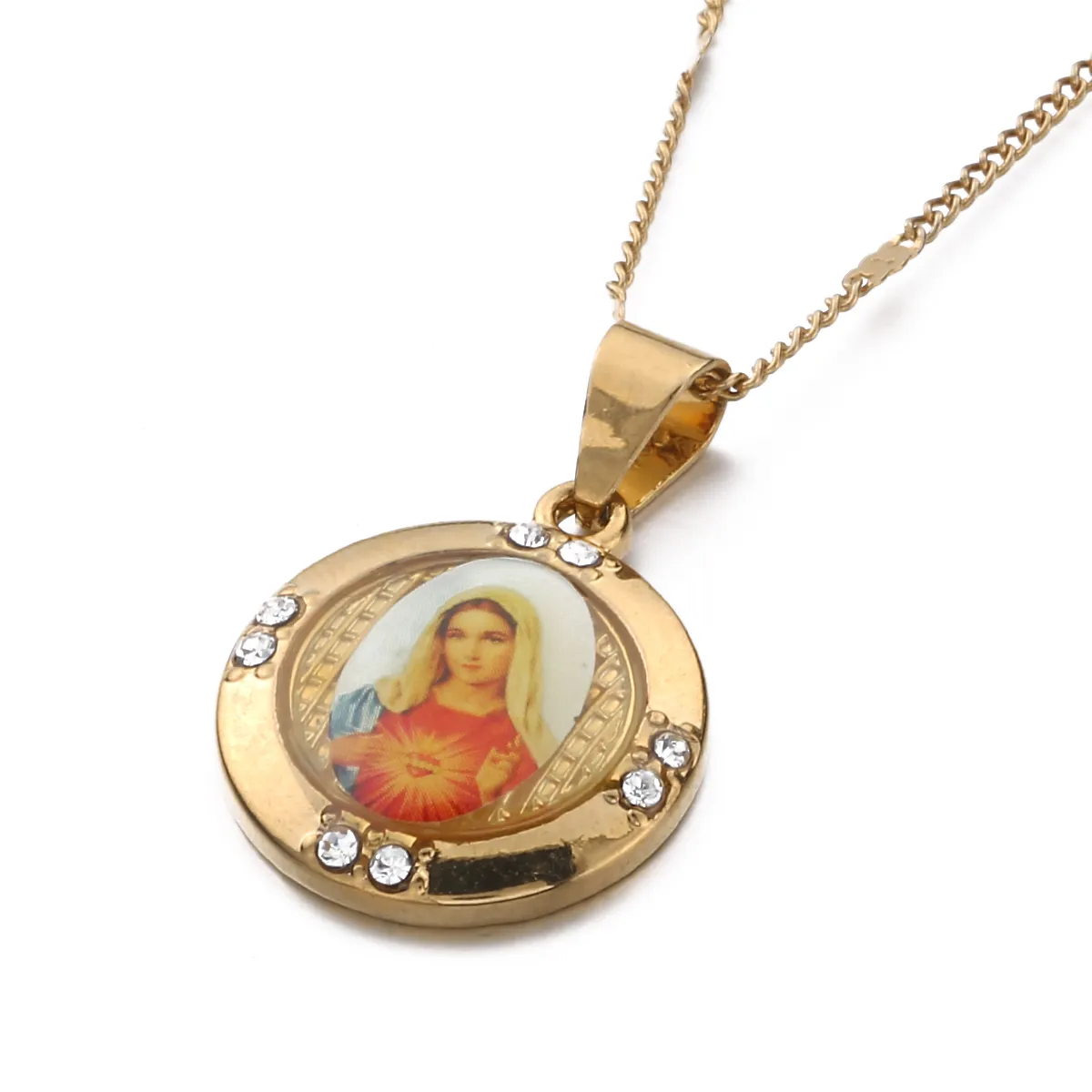 Moda ouro cor católica cristã corrente jóias esmalte abençoada mãe cameo virgem maria pingente colar jóias1868