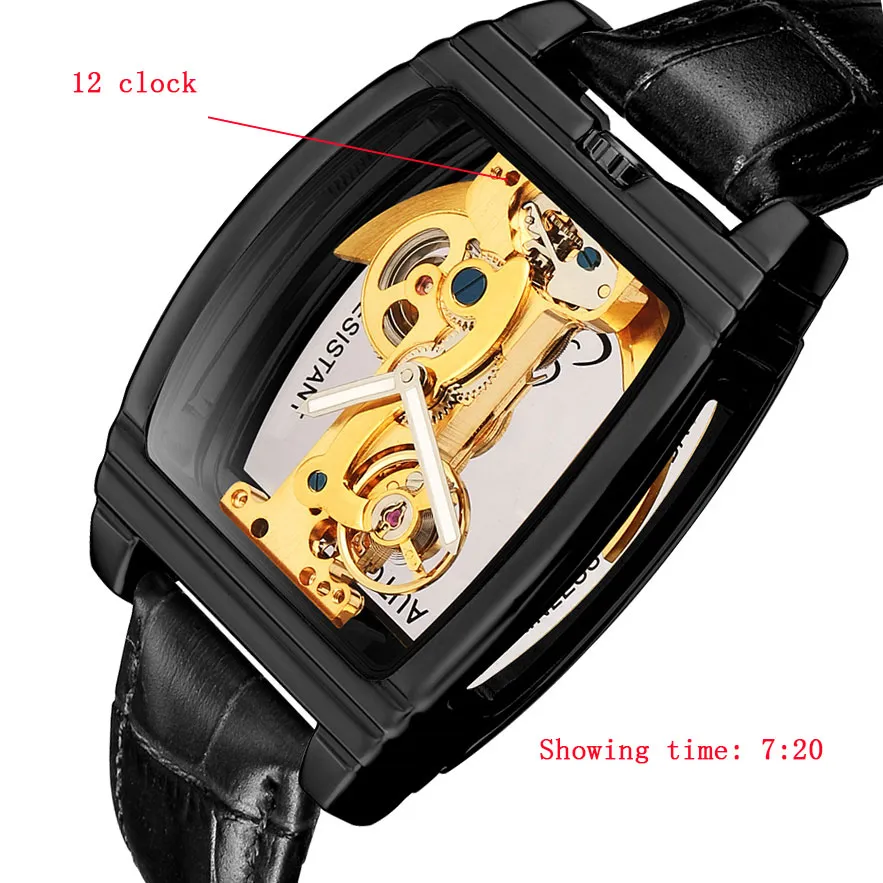 투명한 남성 시계 기계식 자동 손목 시계 가죽 스트랩 탑 스팀 펑크 셀프 와인딩 시계 남성 montre homme311e
