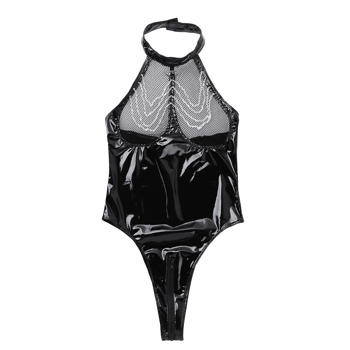 Femmes Fétiche Latex Catsuit Wetlook En Cuir Verni Lingerie Body Maille Résille Buste Fermeture Éclair Entrejambe Justaucorps Clubwear Y200276B