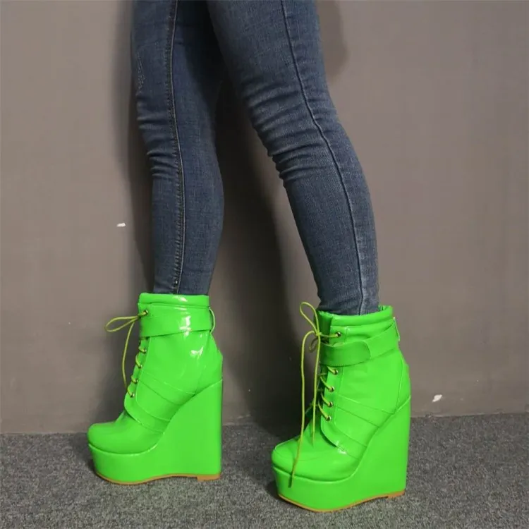 Rontic, botines de plataforma de invierno para mujer, cuñas sexis, botas de tacón alto, punta redonda, azul, verde, zapatos brillantes para mujer, tallas grandes de EE. UU. 5-15