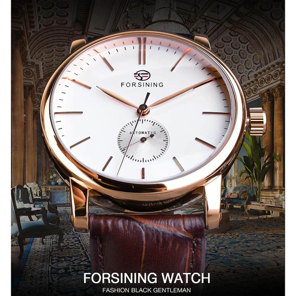 Forsining moda masculina relógio mecânico rosa caso de ouro sub dial relógios esportivos couro genuíno alta qualidade cavalheiro relógio reloj208c