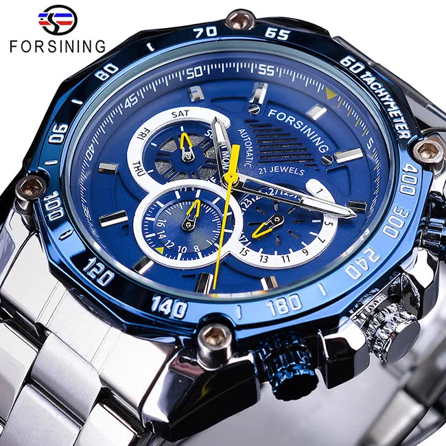 Forsining nuevo diseño azul calendario completo 3 esfera pequeña plata acero inoxidable relojes mecánicos automáticos para hombres Clock292i