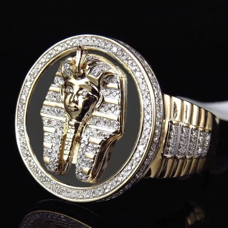 Whole-p Gold Silver Color Egyptian King Tutankhamen Ring Egypt Pharaoh King Motor Biker Mens Icro Paved Stone Round Rings293q
