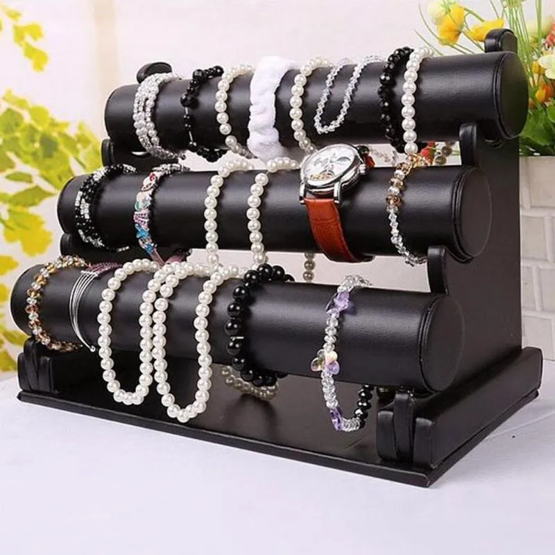 Présentoir de bijoux à 3 niveaux en velours noir, présentoir de bracelets de montre, vitrine de rangement de barre en T, organisateur de bracelets de colliers 2087