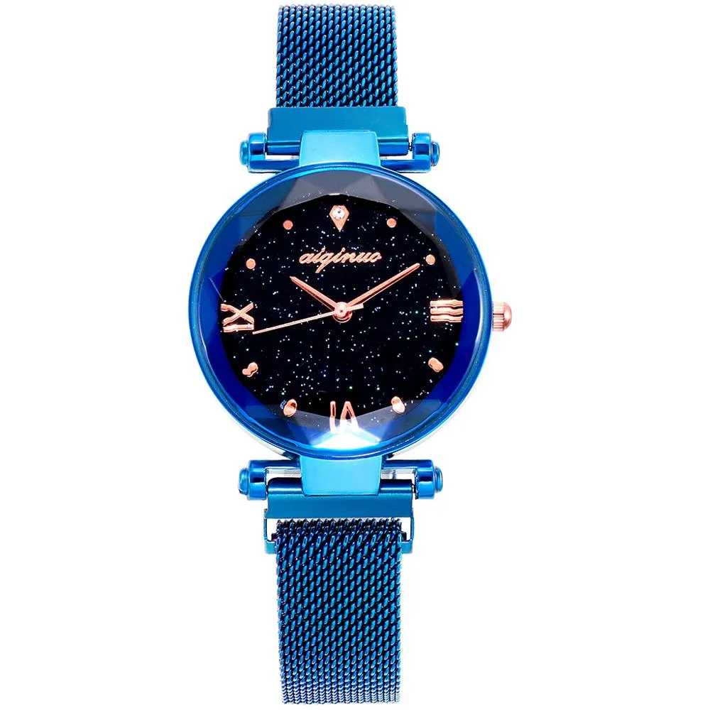 PANARS, relojes de cuarzo de lujo a la moda para mujer, correa magnética, reloj de pulsera de cuarzo informal de negocios estrellado para mujer, nuevo Blue3048