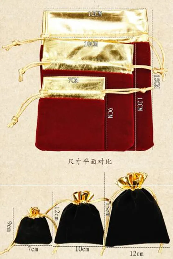 50 teile/los Samt Beutel mit Gold Rand Paket Taschen 7x9 cm 10x12 cm 12x15 cm organza Kordelzug Geschenk Taschen Hochzeit Schmuck Beutel
