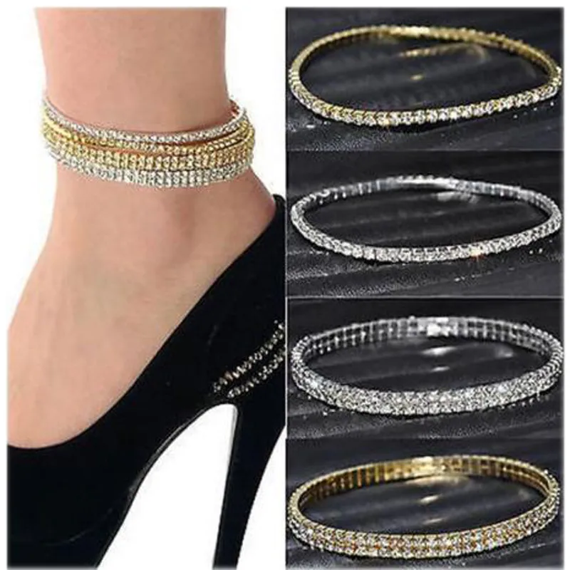 Cavigliere con strass di cristallo Placcato argento elasticizzato da sposa 1 fila Cavigliera singola Cavigliera Catena piedi Accessori feste le donne248L