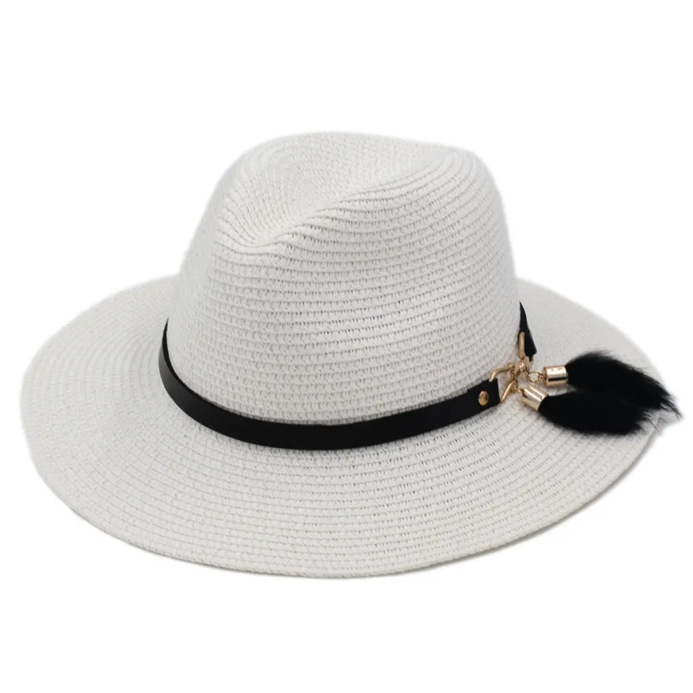 Chapeau de paille en plastique unisexe printemps été fête rue plage en plein air chapeau de soleil large casquette à bord souple Panama amant haut chapeau avec ceinture B7427065