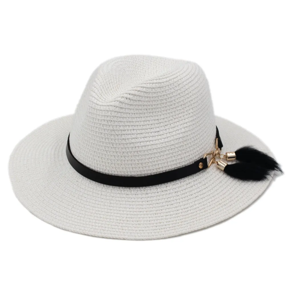 Chapeau di paglia di plastica unisex primavera estate festa strada all'aperto cappello da spiaggia cappello a tesa larga floscio cappello Panama amante con cintura B7427065