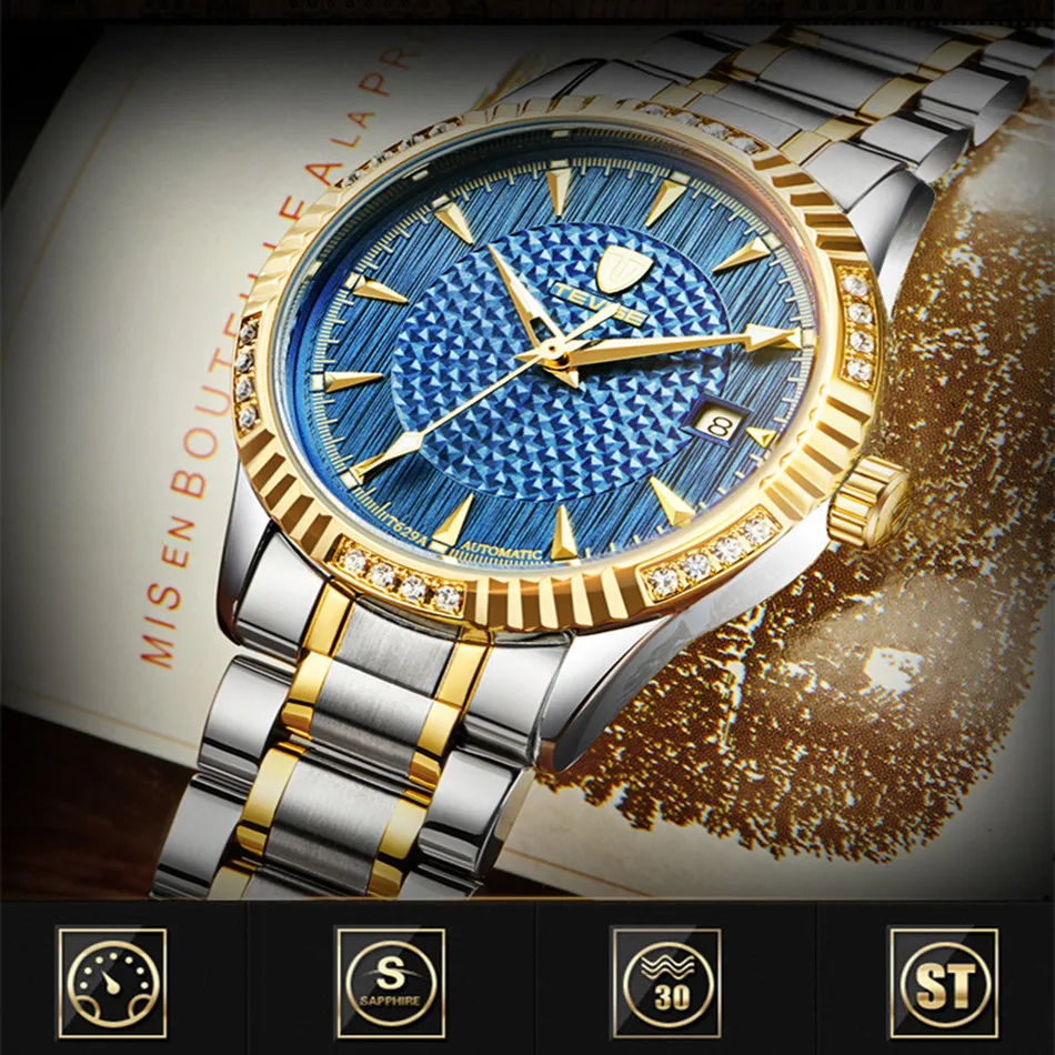 トップブランドTevise Golden Automatic Men Mechanical Watches Torbillon防水ビジネスゴールドリスト244s