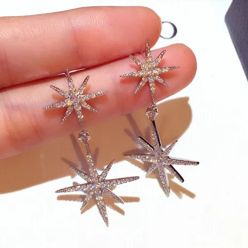 Super glittering fashion luxury designer zircon diamond cute snowflake korean style stud dangle chandelier earrings for woman gi273u